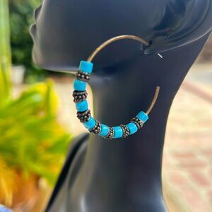 Vintage Brass & Marbled Blue Acrylic Hoop Earrings